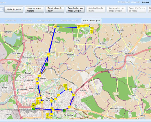 Zobrazení denního výkazu jízdy v mapě aplikace