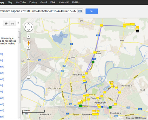 Zobrazení denního výkazu jízdy v mapě google